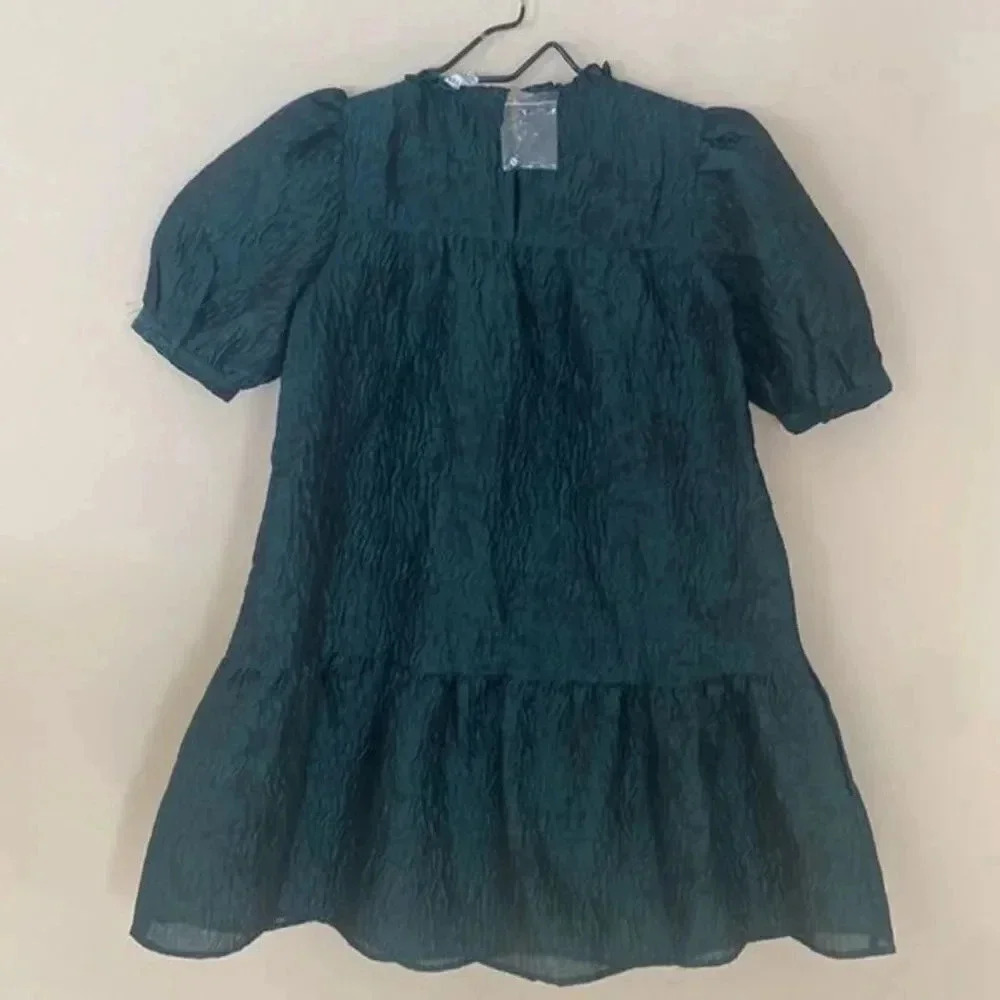 Moon River Ruffled Neck Puff Sleeve Mini Jacquard Dress - Picture 8 of 13